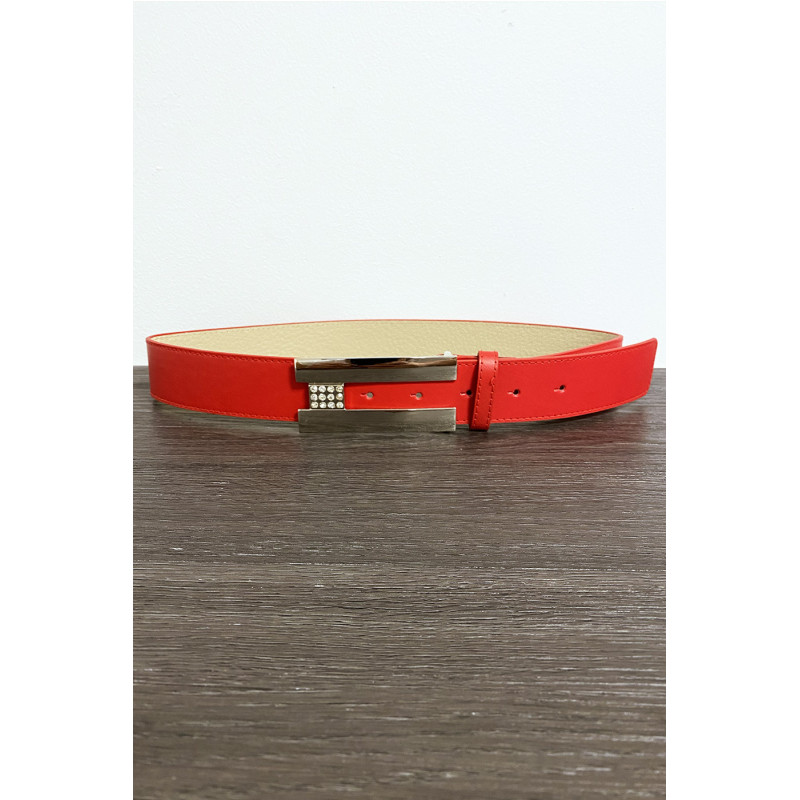 Ceinture rouge avec boucle rectangulaire et strass - 1