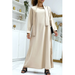 Longue abaya beige avec poches et ceinture - 1
