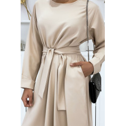 Longue abaya beige avec poches et ceinture - 5