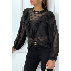 Blouse noire à volant et pois col claudine - 3