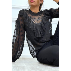 Blouse noire à volant et pois col claudine - 4