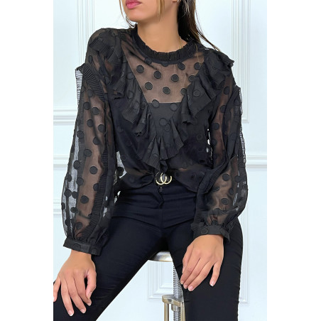 Blouse noire à volant et pois col claudine - 7