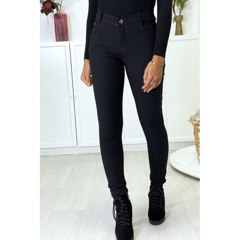 Pantalon slim noir motif python avec 5 poches - 2