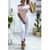 T-shirt rose col bateau avec perles - 4