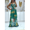 Longue robe très chic motif fleuris en fond vert - 3