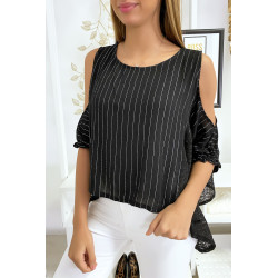 Blouse noir épaules dénudé avec dentelle et fil argenté - 1