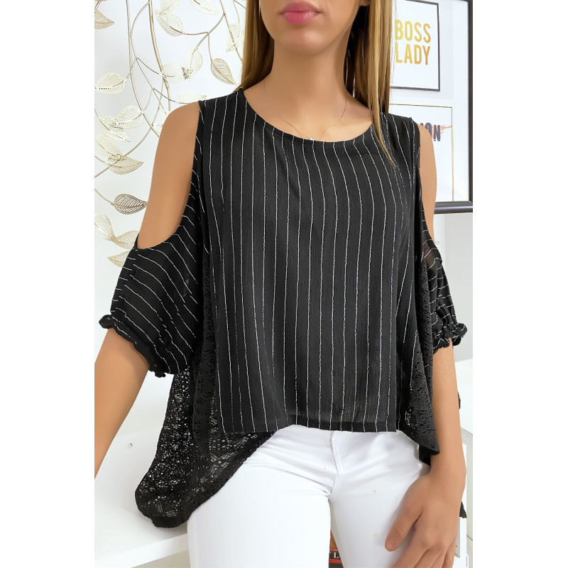 Blouse noir épaules dénudé avec dentelle et fil argenté - 2