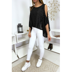 Blouse noir épaules dénudé avec dentelle et fil argenté - 5