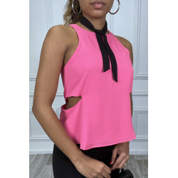 Blouse fuchsia sans manches en crêpe et ouverture sur les côtés - 3