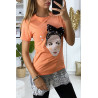 T-shirt corail avec dessin strass et dentelle - 3