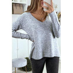 Pull tombant et très doux en gris col V avec tresse au dos - 5