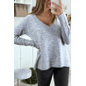 Pull tombant et très doux en gris col V avec tresse au dos - 5