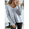 Pull tombant et très doux en gris col V avec tresse au dos - 6