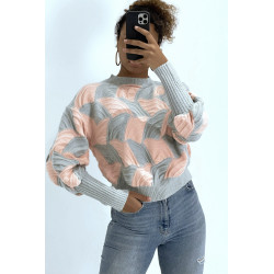 Pull bicolore gris et rose à découpe bouffante - 1