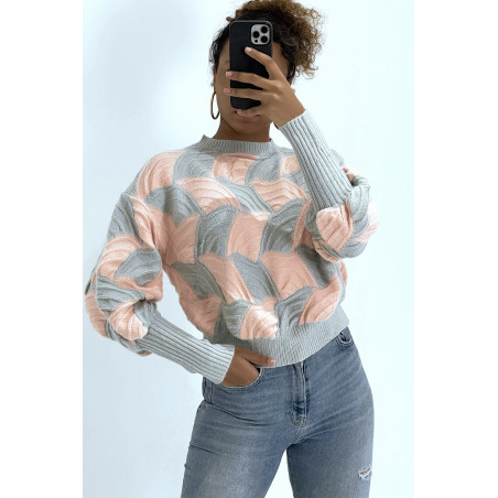 Pull bicolore gris et rose à découpe bouffante - 1