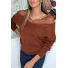 Pull doux cognac avec col bardot en dentelle - 1