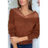 Pull doux cognac avec col bardot en dentelle - 3