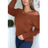 Pull doux cognac avec col bardot en dentelle - 4