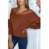 Pull doux cognac avec col bardot en dentelle - 5