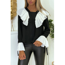 Blouse en crêpe noir avec volant plissé en blanc - 3