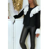 Blouse en crêpe noir avec volant plissé en blanc - 4