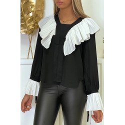 Blouse en crêpe noir avec volant plissé en blanc - 5