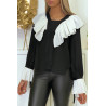 Blouse en crêpe noir avec volant plissé en blanc - 5