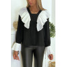 Blouse en crêpe noir avec volant plissé en blanc - 7