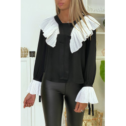 Blouse en crêpe noir avec volant plissé en blanc - 8