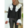 Blouse en crêpe noir avec volant plissé en blanc - 8