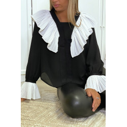 Blouse en crêpe noir avec volant plissé en blanc - 10