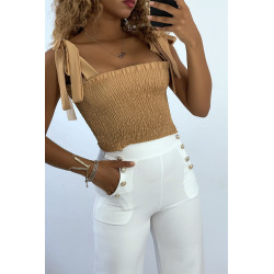 Crop top bustier camel satiné avec bretelle à nouer - 1