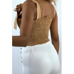 Crop top bustier camel satiné avec bretelle à nouer - 3