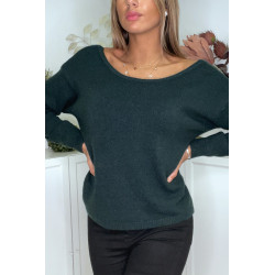 Pull doux vert avec cordons au dos - 1