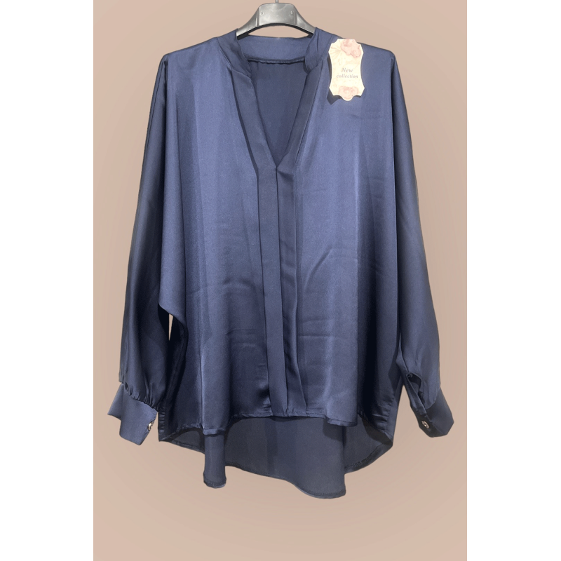 Blouse satiné marine coupe over size avec plis à l'avant  - 1