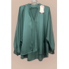 Blouse satiné vert sapin coupe over size avec plis à l'avant  - 1