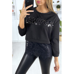 Sweat noir avec écriture NEW YORK en strass et dentelle - 3