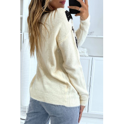 Pull beige tout doux à col rond et motif dentelle - 3