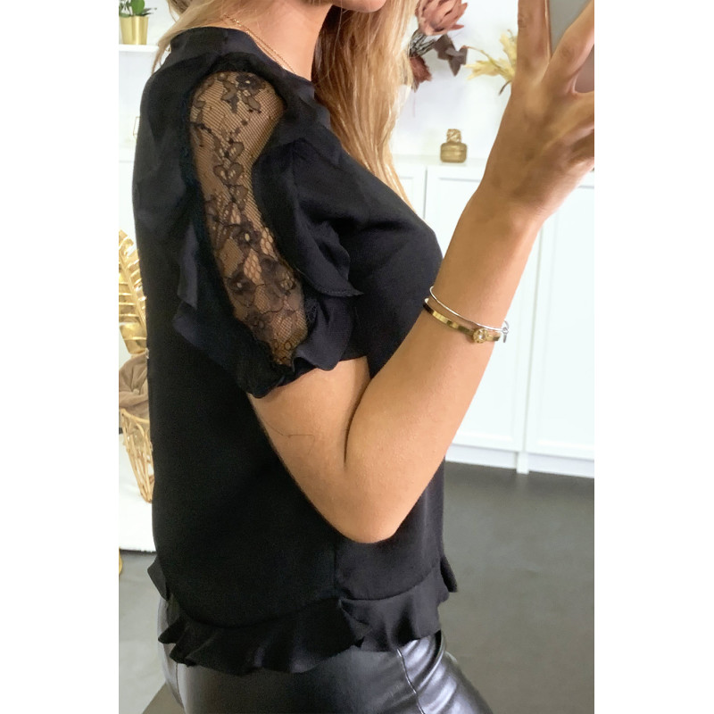 Blouse noir avec boutons au dos et dentelle et volant aux manches - 2