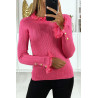 Pull fuchsia en maille côtelé avec dentelle et boutonné aux manches - 2