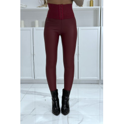 Pantalon slim minceur bordeaux en simili avec gaine ventre plat - 1