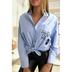 Chemise bleu fashion avec détails poche et dos perlés - 6