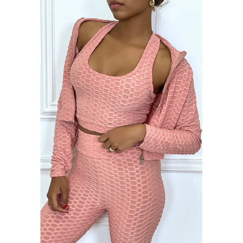 Ensemble fitness push-up rose composé de 3 pièces : legging, crop top et mini veste - 1