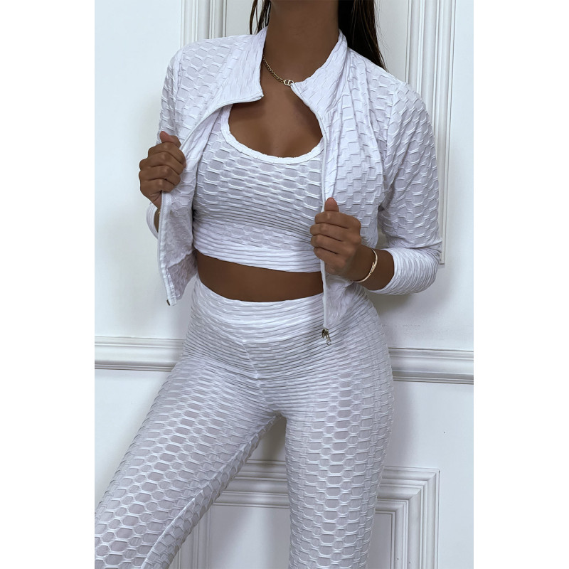 Ensemble fitness push-up blanc composé de 3 pièces : legging, crop top et mini veste - 1