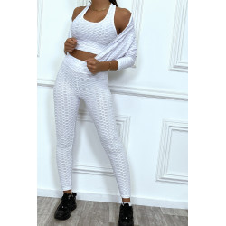 Ensemble fitness push-up blanc composé de 3 pièces : legging, crop top et mini veste - 3