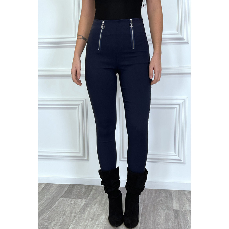 Pantalon slim marine taille haute à zip - 2