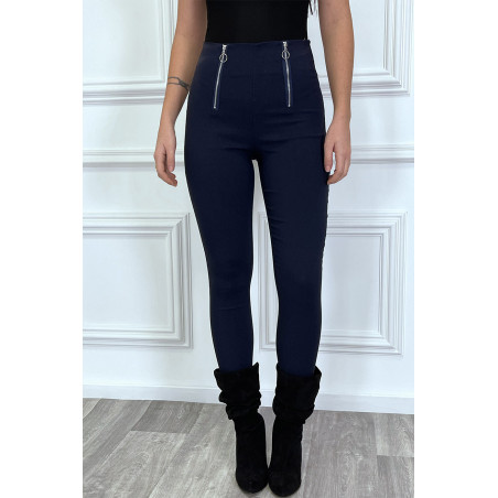 Pantalon slim marine taille haute à zip - 2