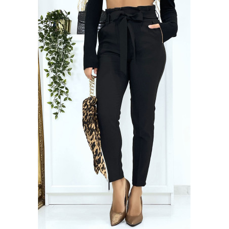 Pantalon cigarette noir avec poches et ceinture - 1