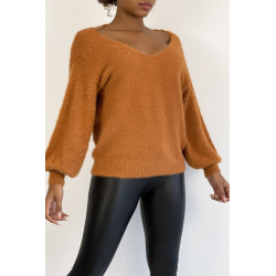 Pull dos nu couleur cognac tout doux à manches bouffantes - 2