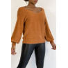 Pull dos nu couleur cognac tout doux à manches bouffantes - 2